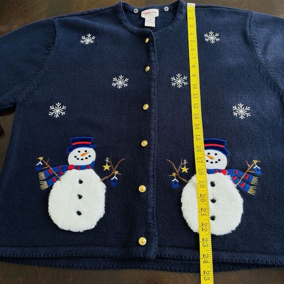 VTG Crystal Kobe Christmas Holiday Cardigan Sweater Sz XL Snowflake 3D Snowman - Picture 5 of 6